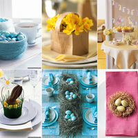 Kék és sárga tavaszi asztaldekoráció