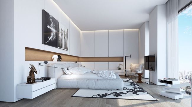 Modern hálószoba berendezés fehér ágy