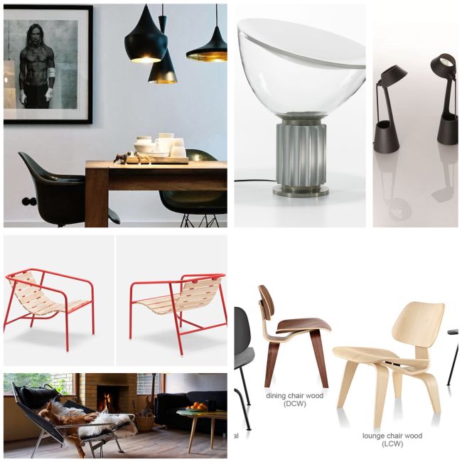 Tom Dixon lámpák, Achille Castiglioni Taccia lámpa, Jasper Morrison parafa széke piros kerettel, Eames székek, és a Flag Halyard Chair