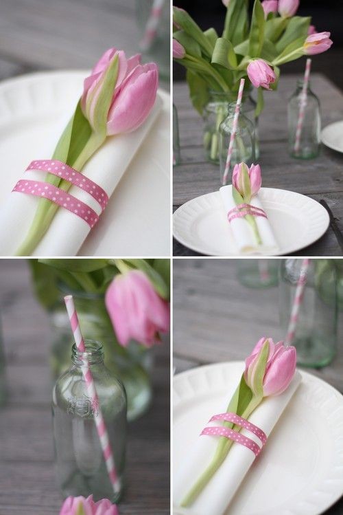 Asztaldekoráció rózsaszín tulipánnal