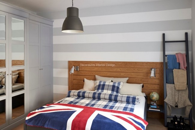 Szürke és fehér angol stílusú férfias hálószoba