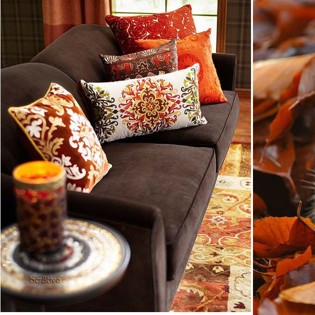 Nappali dekoráció őszies színekkel párna, kanapé