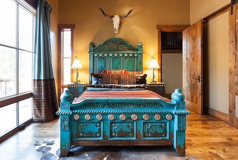 Türkizkék festett faragott ágy 
