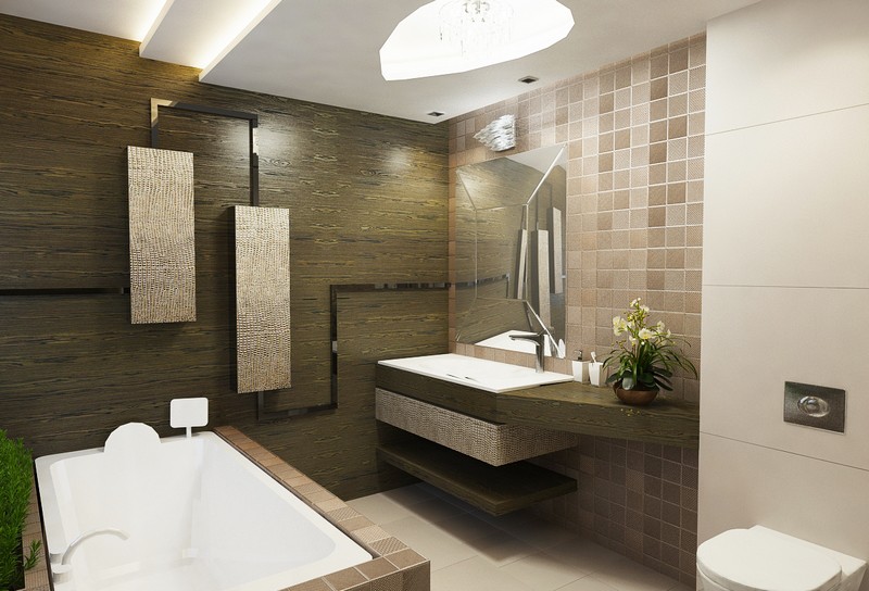 Barnás és bronzos fürdőszoba mozaik burkolattal Dóró Judit tervei alapján