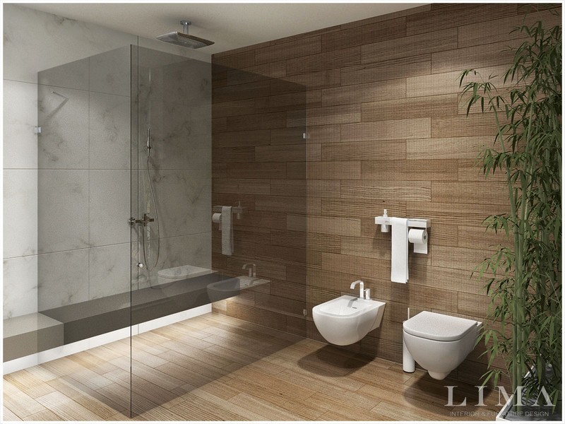 Minimál fürdőszoba fahatású falburkolattal Lima Design 