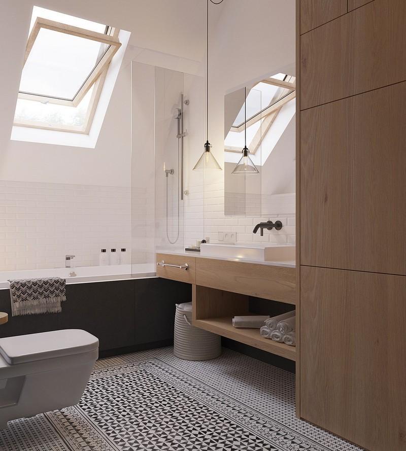 Skandináv fürdőszoba berendezési ötlet fehér metró csempével
