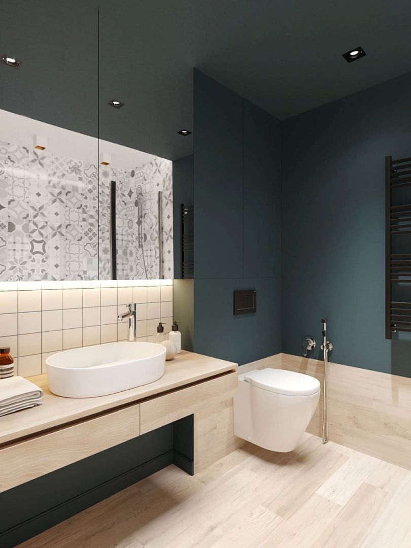 Zuhanyzós fürdőszoba látványos cementlapokkal