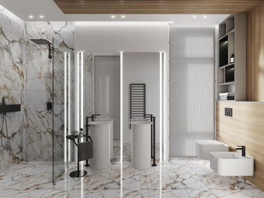 Modern márvány mintás fürdőszoba dupla mosdóval