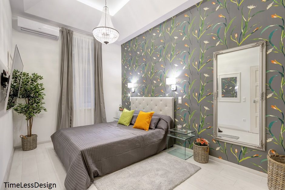 Airbnb hálószoba virágos tapéta