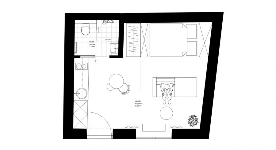 24 m2-es kis lakás alaprajza Tervező Sátori Edit