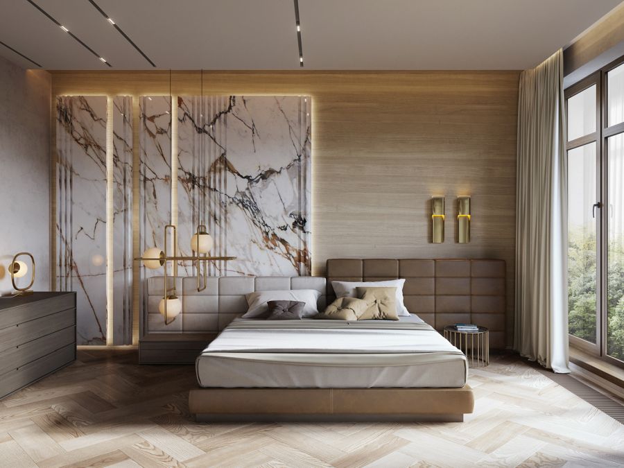 Luxus hálószoba márvány falburkolattal