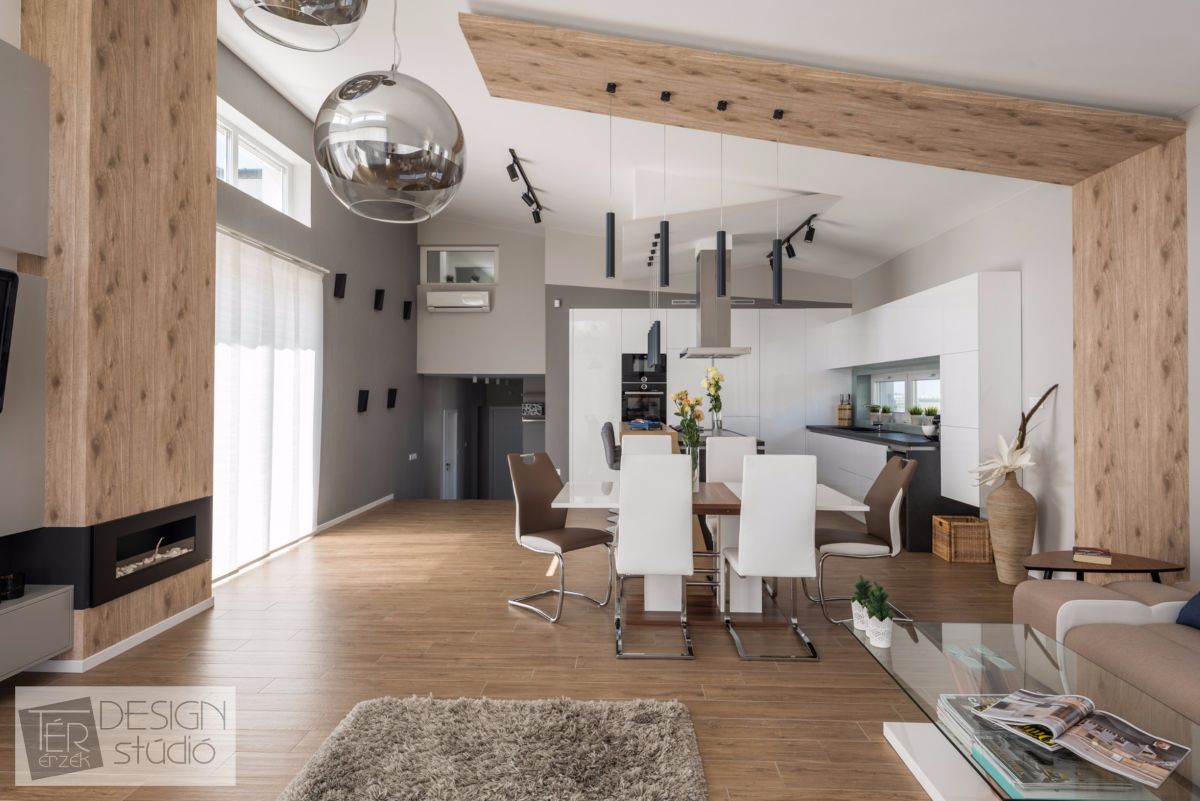 Modern belső terek családi ház egyterű nappalival Térérzék Design Stúdió Sverha Nikolett lakberendező