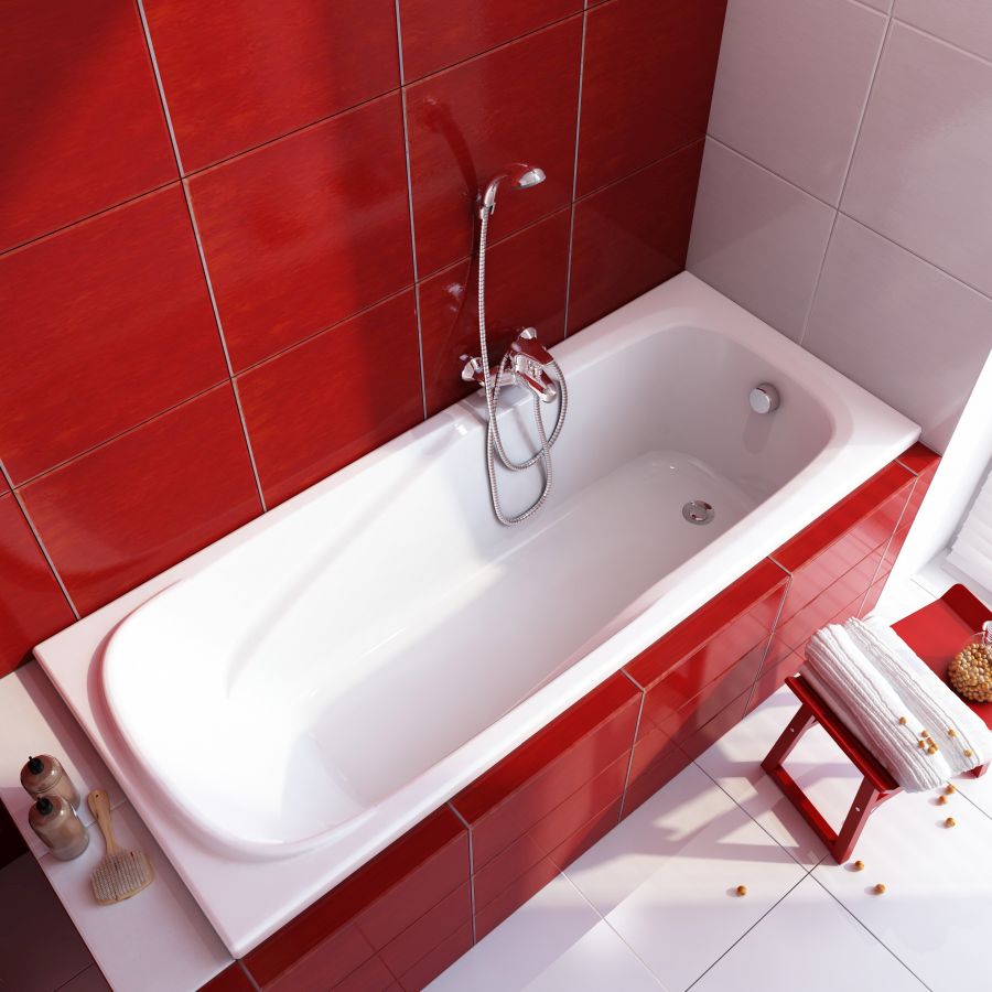 Ravak Vanda II fürdőkád és piros csempe