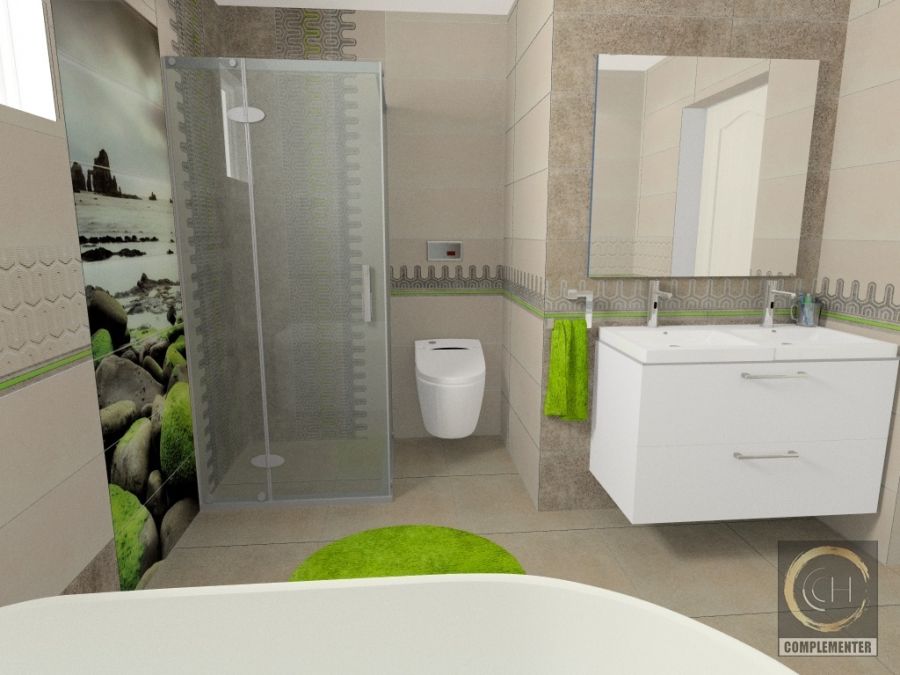 Zuhanyzós fürdőszoba zöld kilépőszőnyeggel