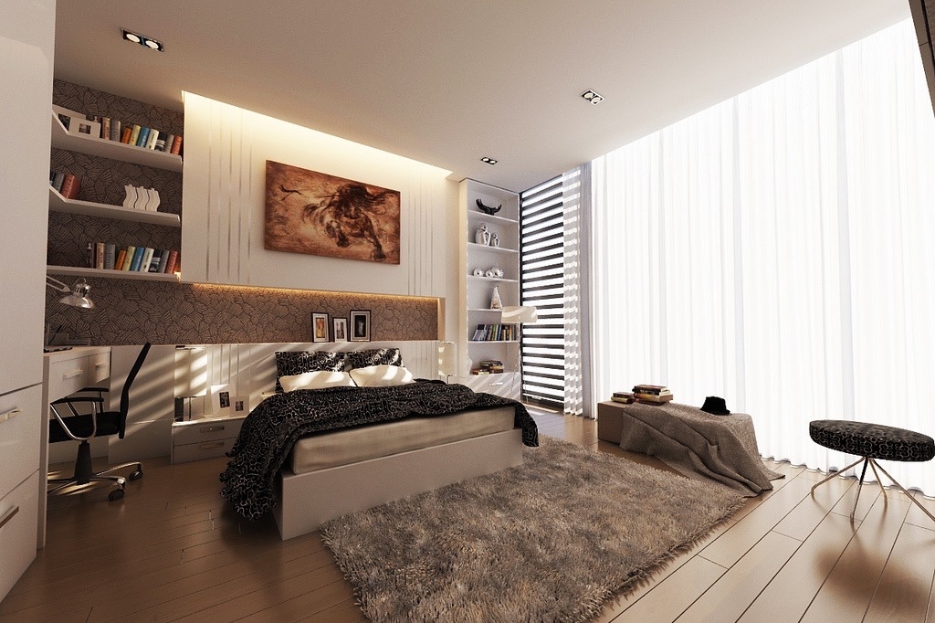Modern hálószoba polcokkal és szőnyeggel