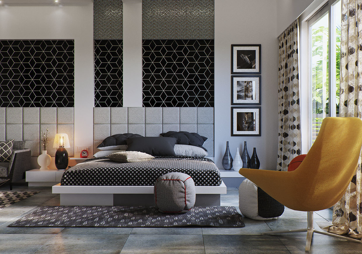 Hálószoba fekete és fehér színekben geometrikus mintákkal