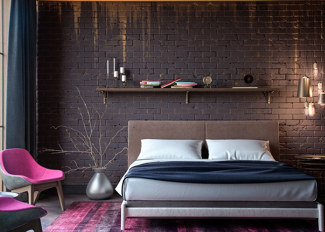 Modern sötét hálószoba és pinkes szőnyeg