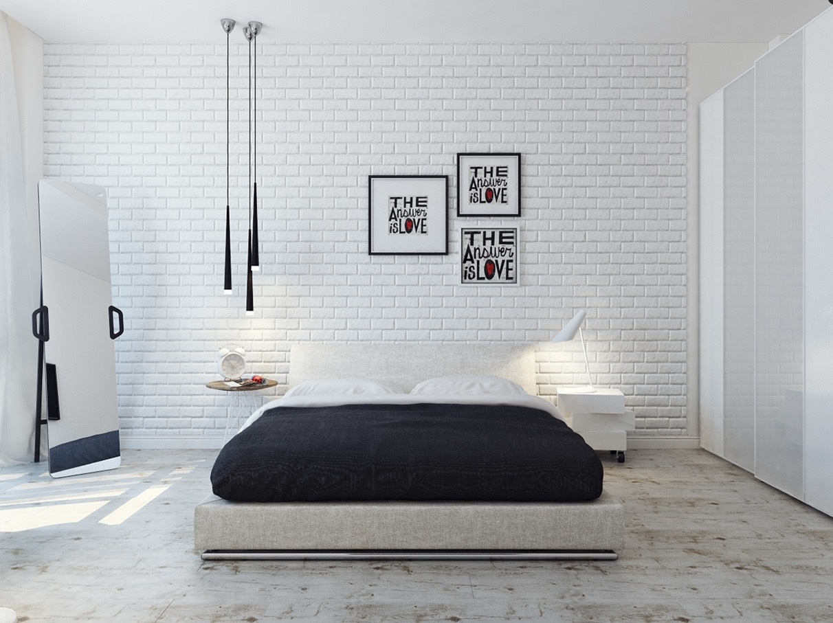 Skandináv hálószoba ötlet látszó festett téglaburkolattal