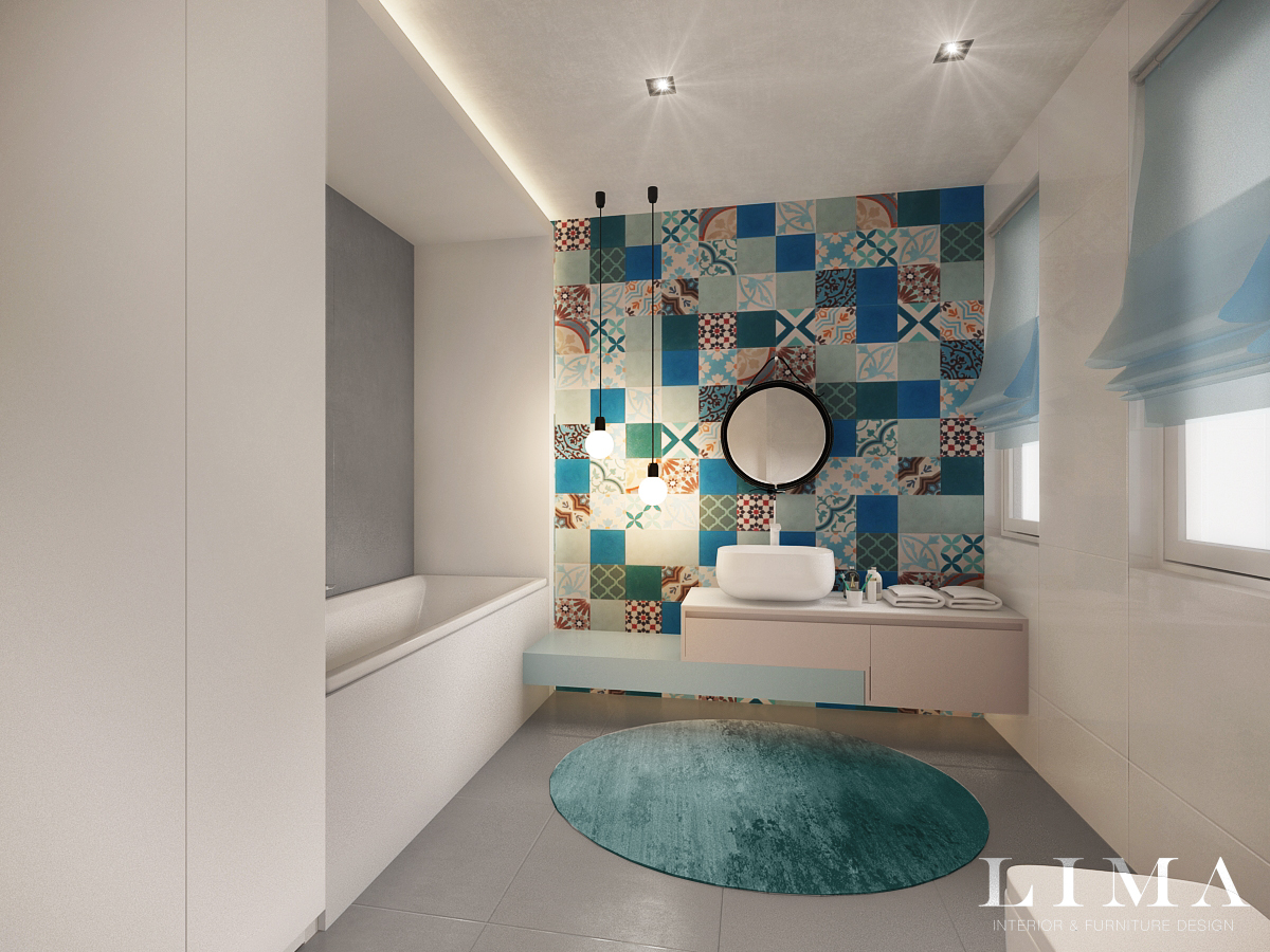 Minimál fürdőszoba patchwork cementlap falburkolattal