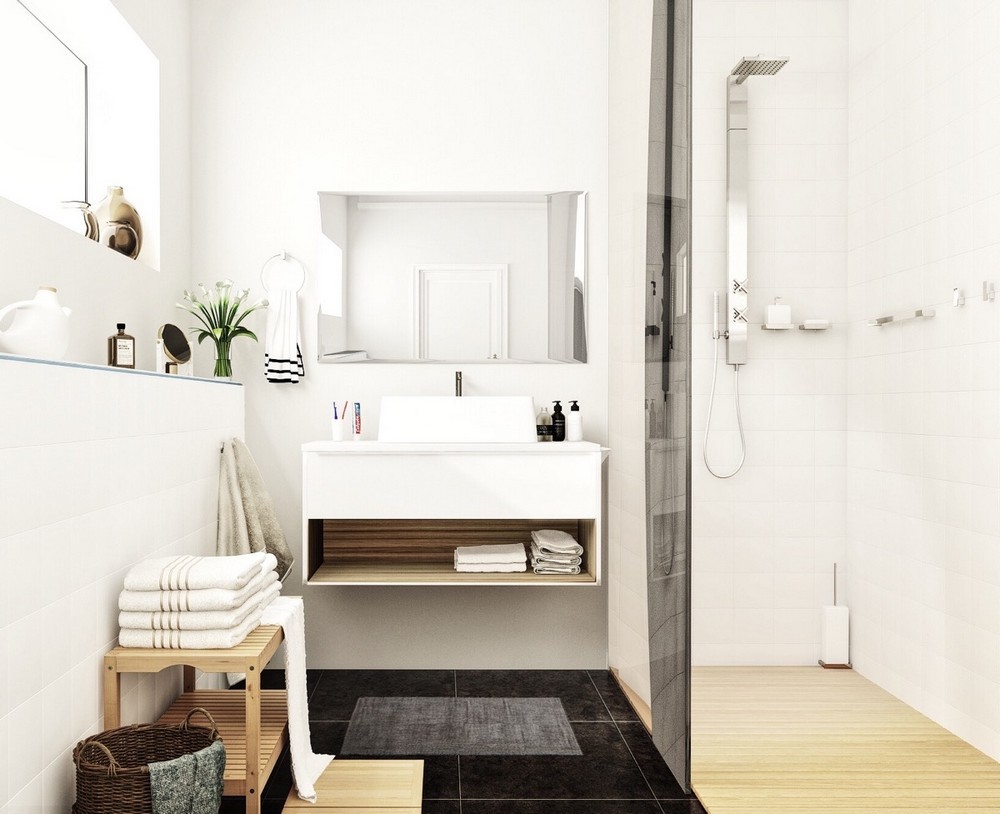 Modern zuhanyzó és keskeny mosdópult a fürdőszobában