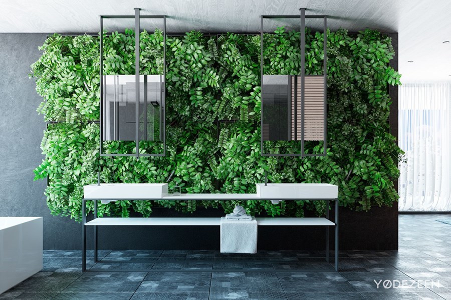 Zöld növényfal és fürdőszoba