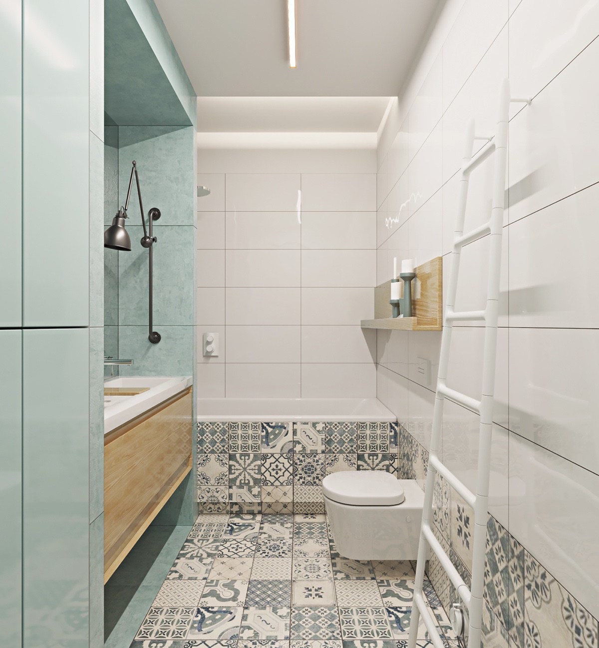 Modern fürdőszoba beépített bútorral és cementlap mintás burkolattal