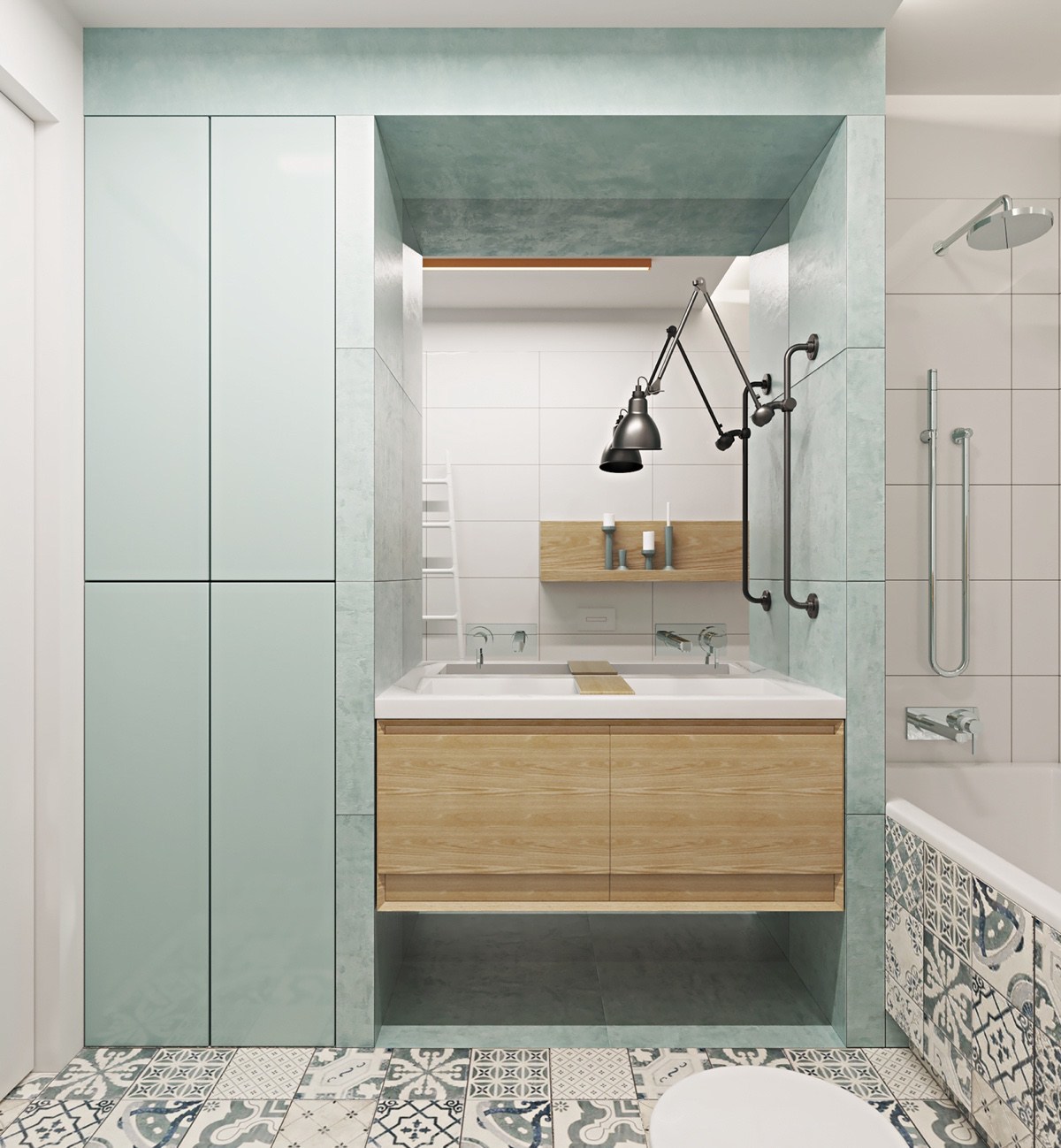 Modern fürdőszoba beépített bútorral és cementlap mintás burkolattal