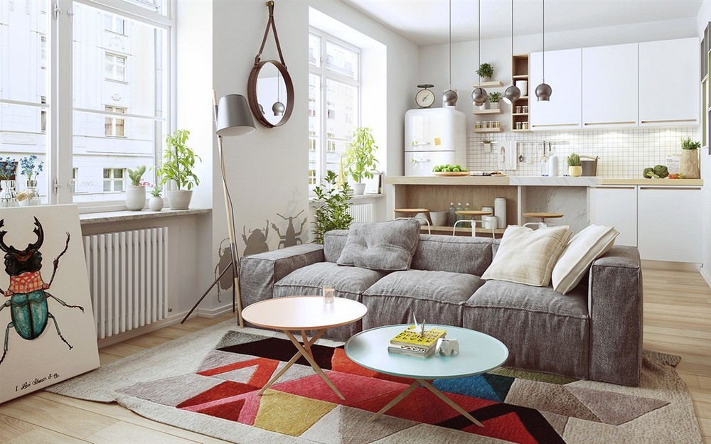 Laza kanapé mintás szőnyeggel kis nappaliba