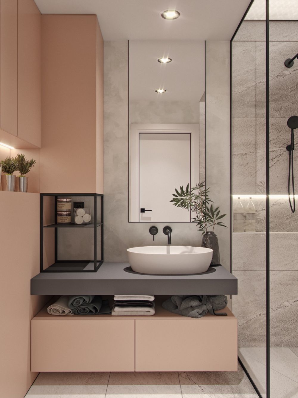 Modern fáradt rózsaszín fürdőszoba hosszúkás mosdóval