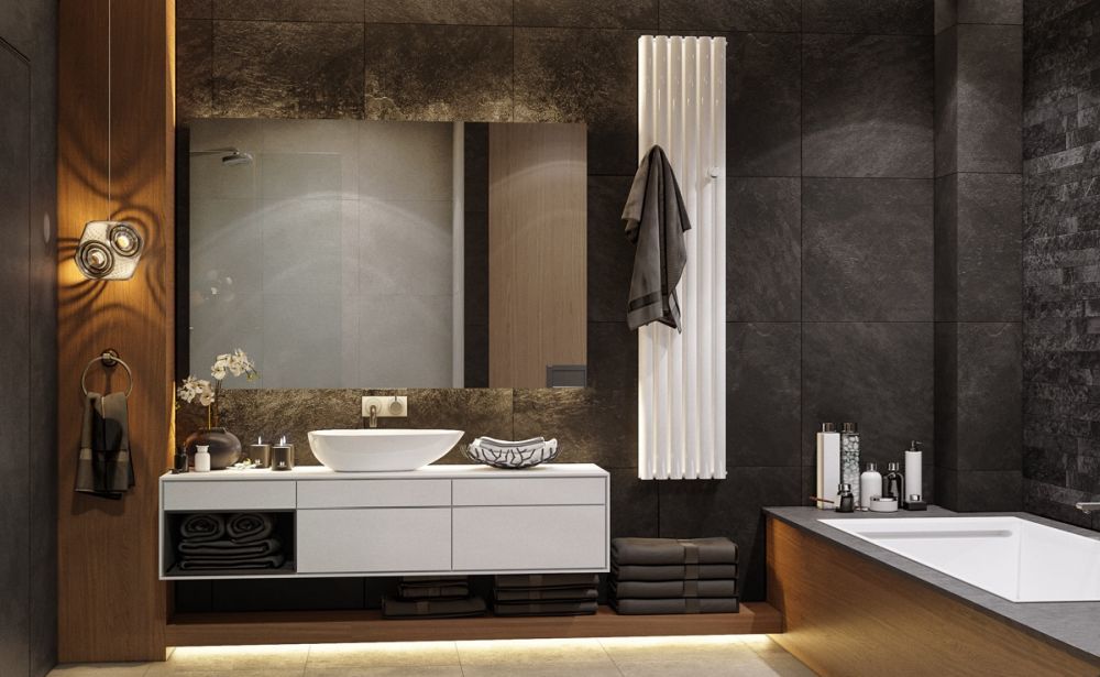 Modern fürdőszoba szekrény asszimmetrikus mosdóval