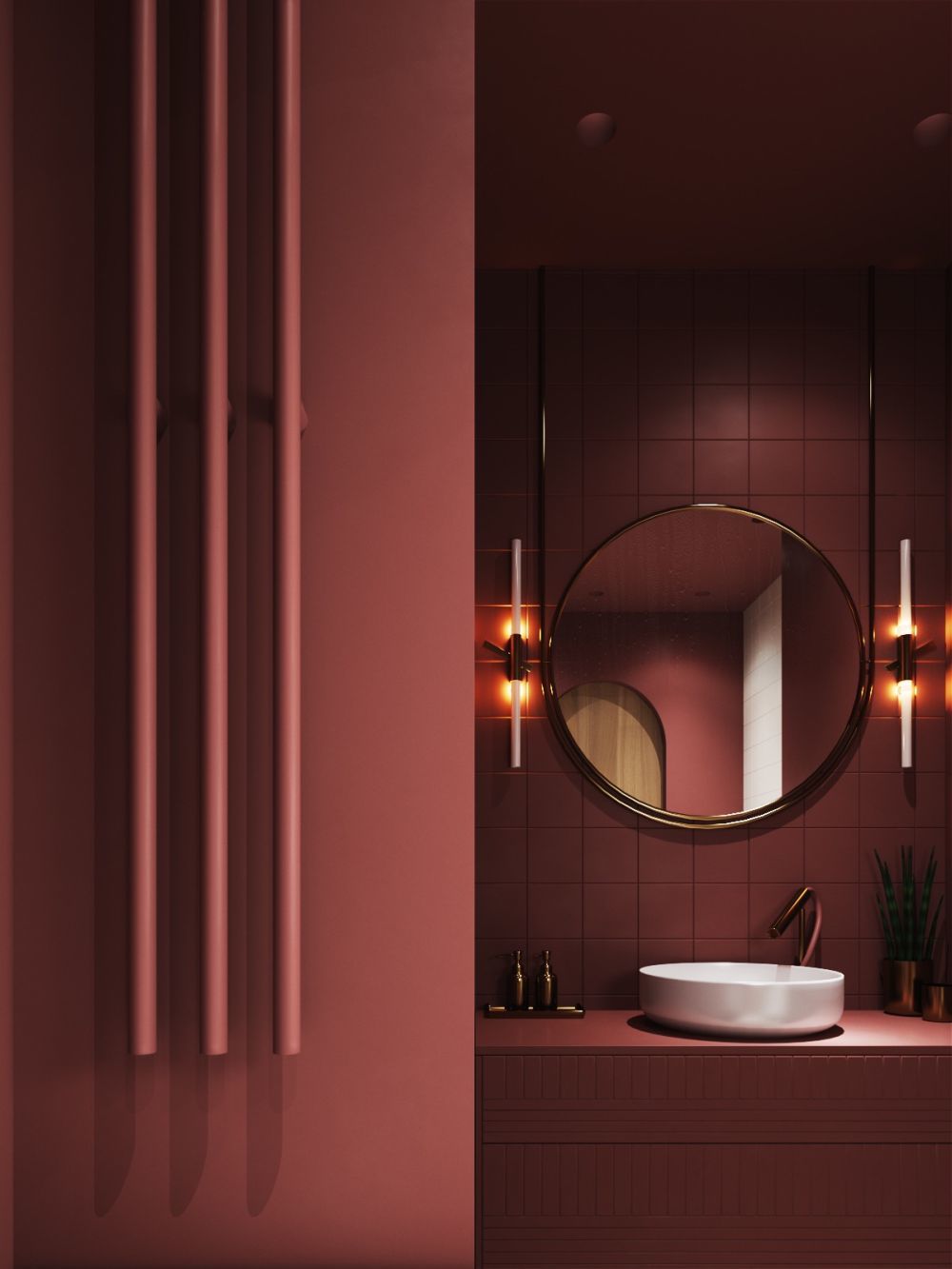 Barnás vörös fürdőszoba kerek mosdótállal