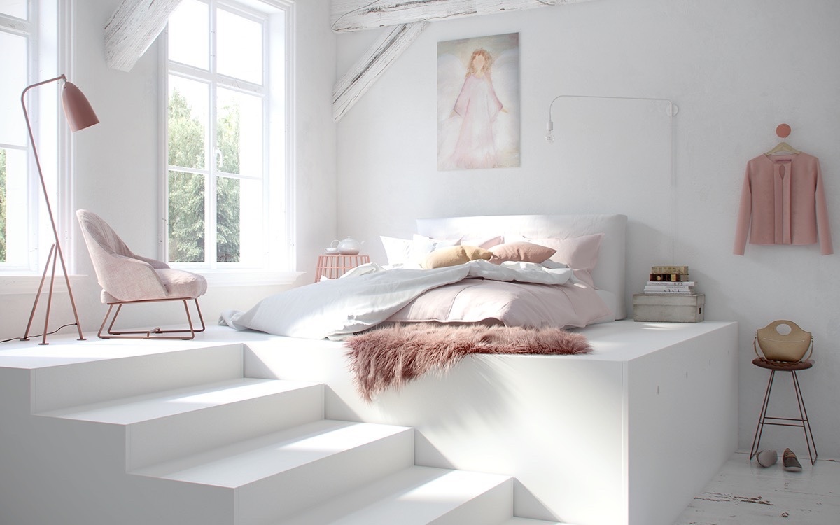 Modern fehér hálószoba halvány rózsaszín kiegészítőkkel