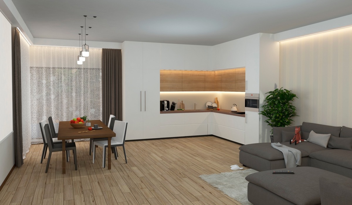 L-alakú konyha a nappalival egy térben