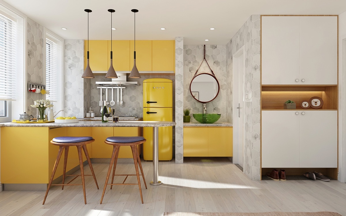 L-alakú konyha matt sárga színnel