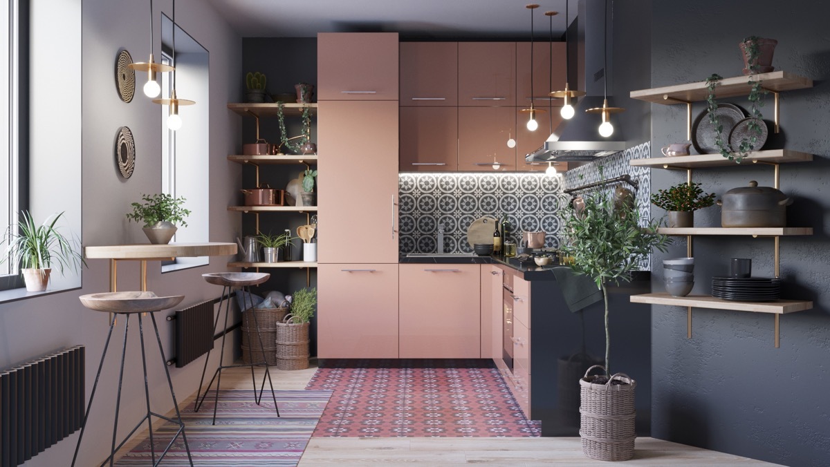 L-alakú konyha gyönyörű fáradt rózsaszín árnyalatban