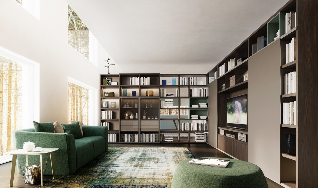 Modern nappali szekrény és zöld kanapé