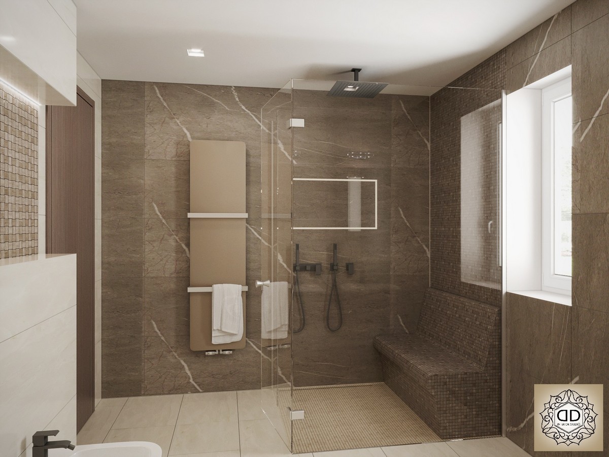 Különleges fürdőszoba barna márvány burkolattal és paddal