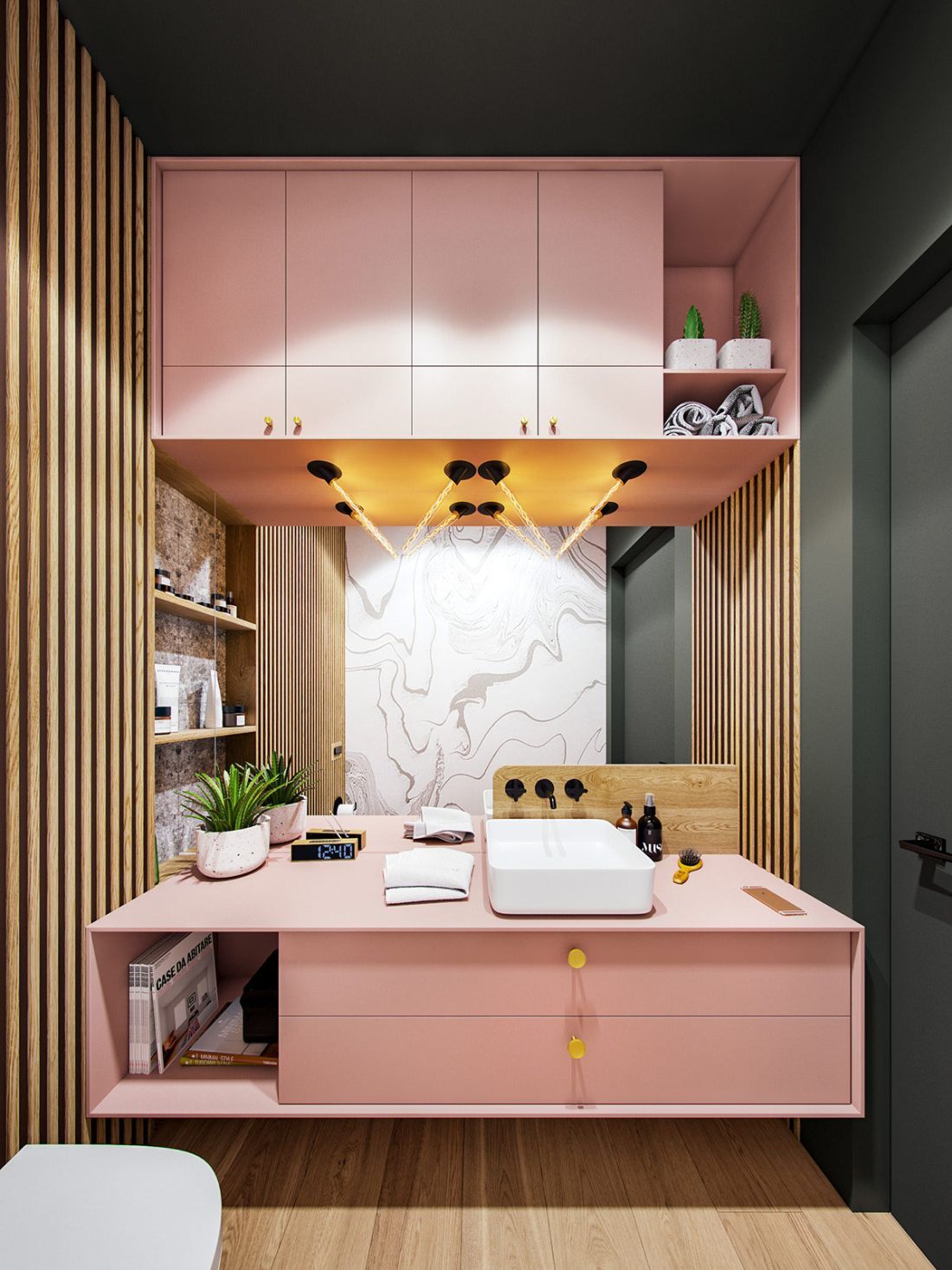 Fürdőszoba rózsaszínű bútorokkal