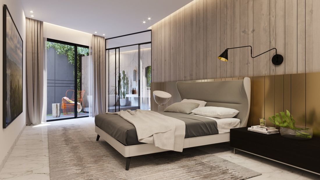 Modern hálószoba nagy szőnyeggel és natúr fa falburkolattal