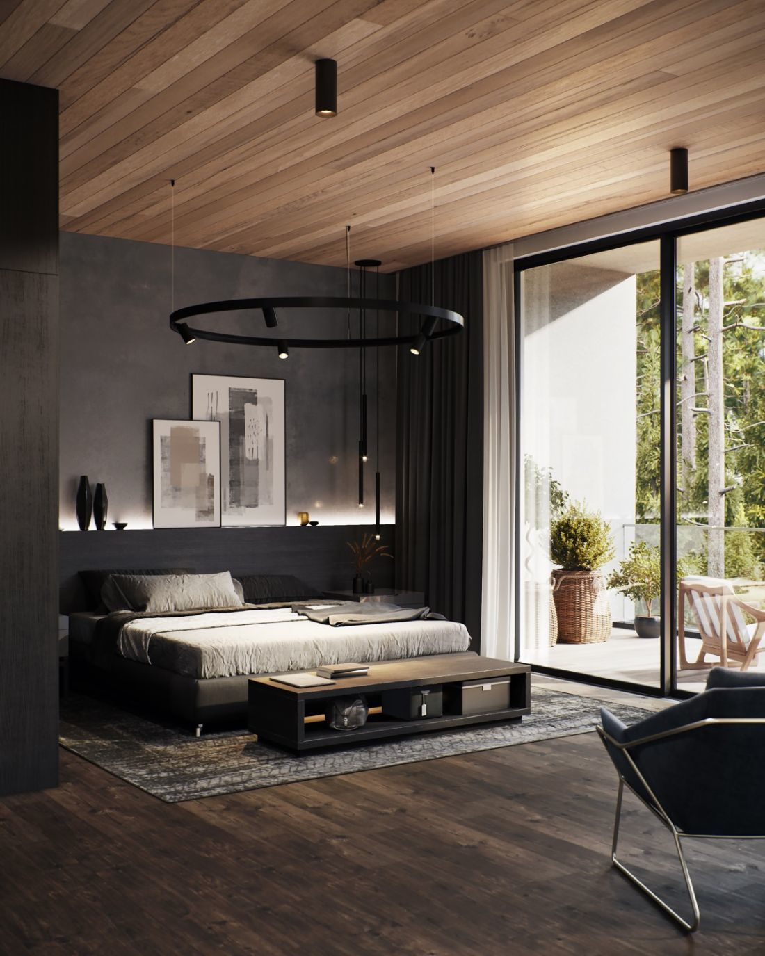 Modern hálószoba fekete lámpákkal és fekete bútorokkal