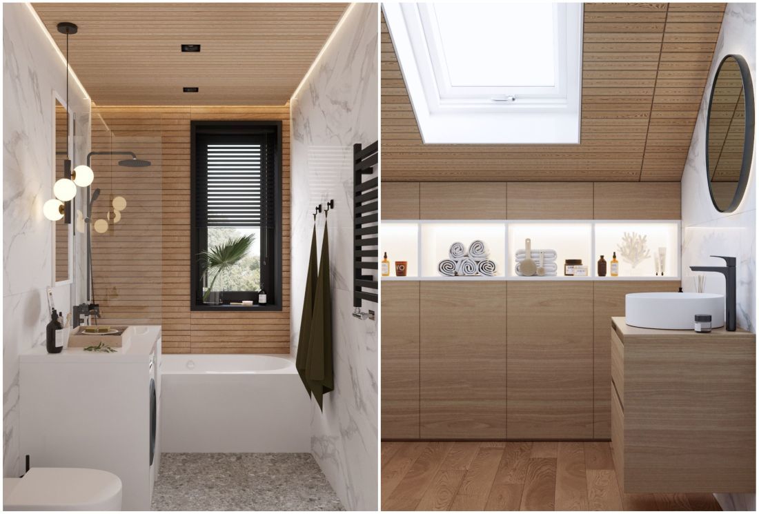 Tetőtéri felnőtt fürdőszoba a natúr fa és a márvány mintás burkolat kombinációjával