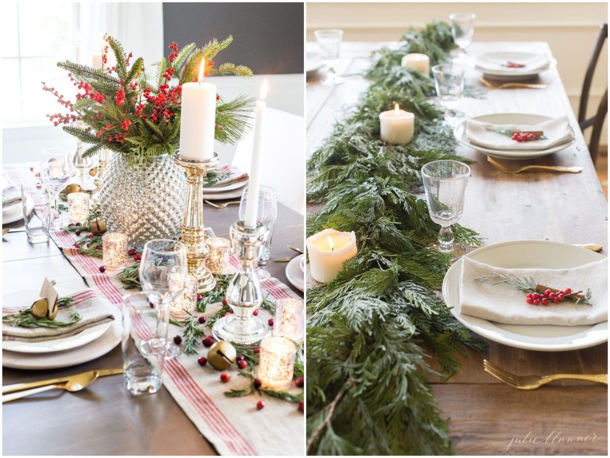 Karácsonyi asztaldekoráció tuja levelekkel és fenyőágakkal