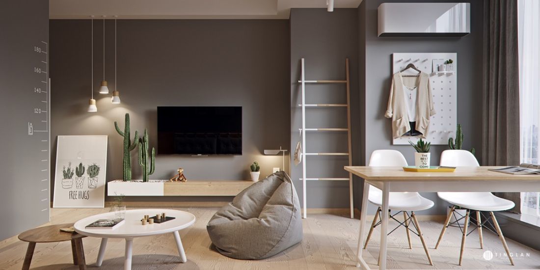 Egyszerű nappali szekrény és tv a falon