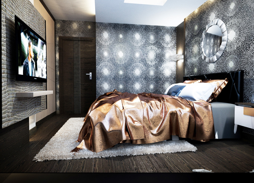 Hálószoba lakberendezés elegáns tapétával és ágyneművel
