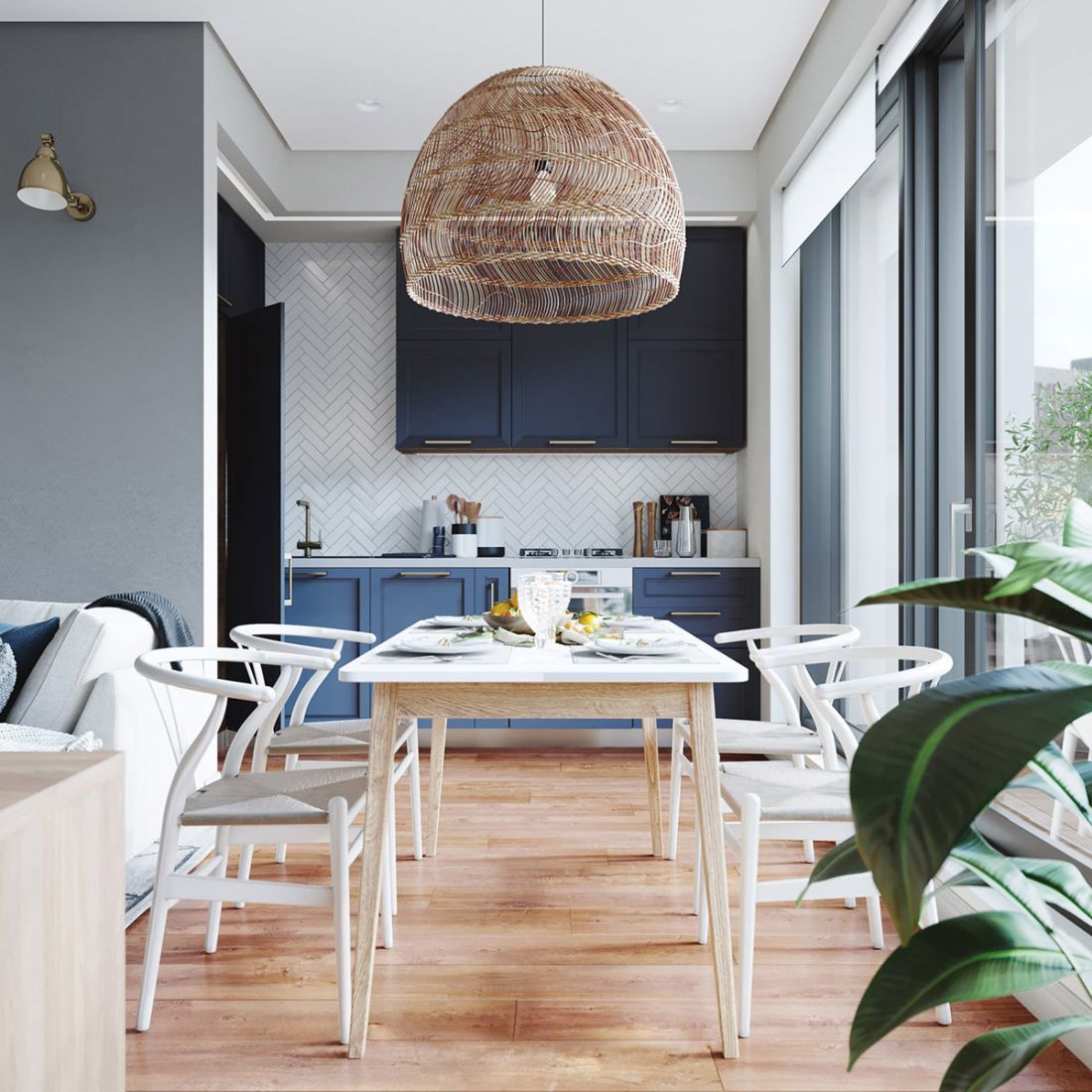 Kék konyhabútor fehér Wishbone székes étkezőszettel