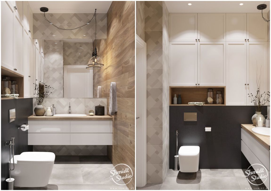 Modern fürdőszoba fahatású padlólapokkal a falon