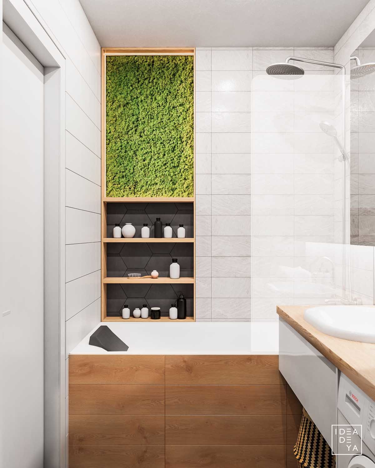 Zuhanyzós fürdőkád egy kis élő növényfallal