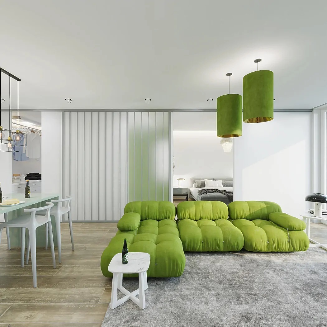 Borsózöld moduláris kanapé a nappali fókuszában