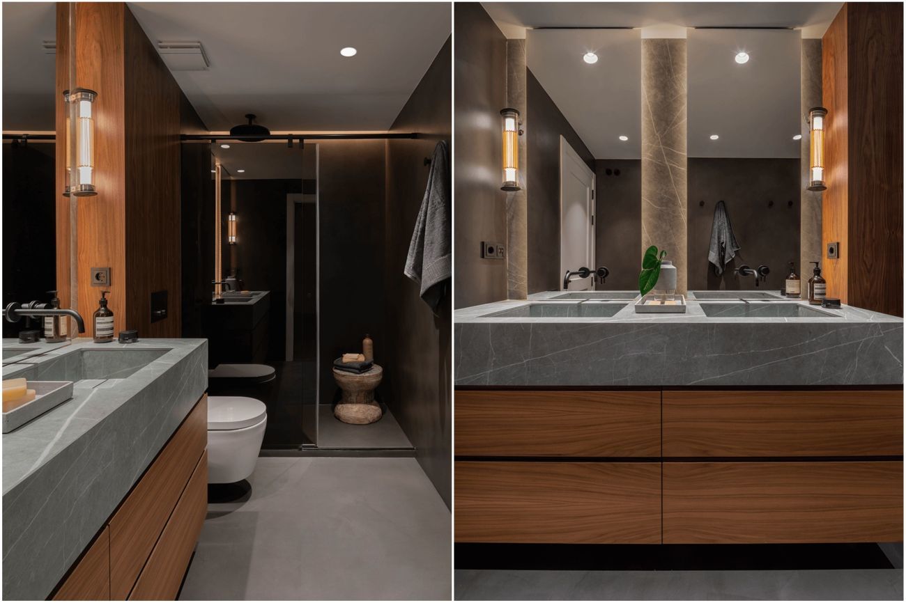 Kőmintás mosdópult faszínű fürdőszoba bútoron