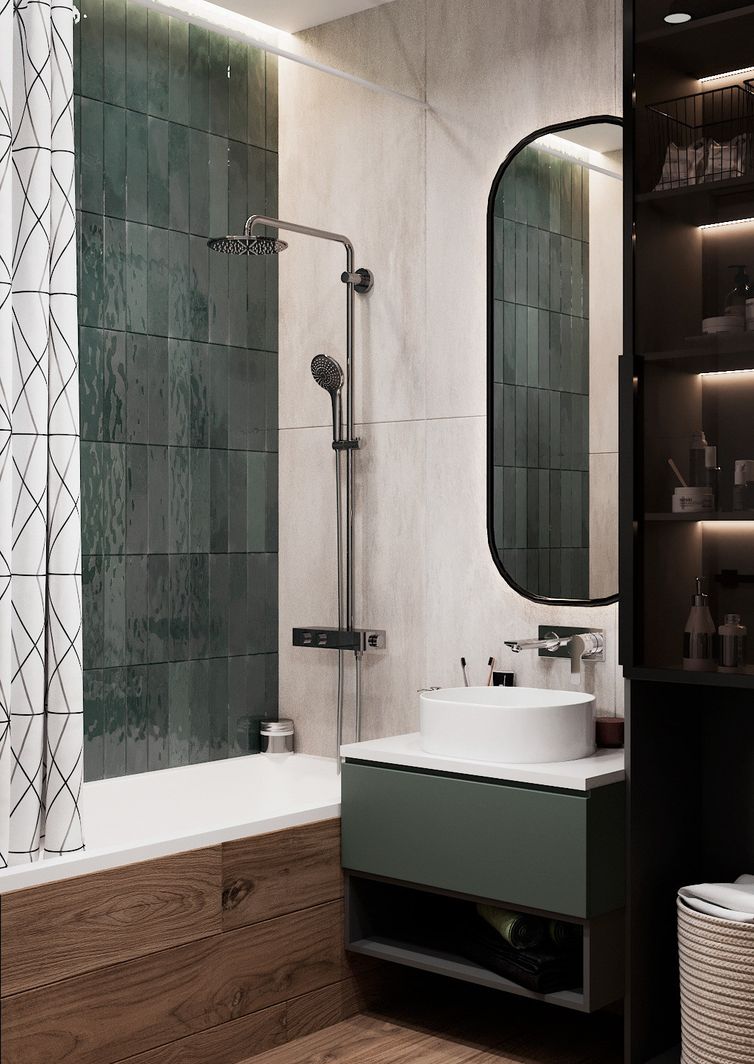 Retró hatást hoz az íves tükör a minimalista fürdőszobába